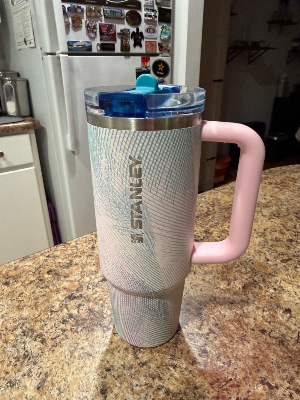 Stanley Pastel Swirl Travel Mug with Pink Handle and Blue Lid